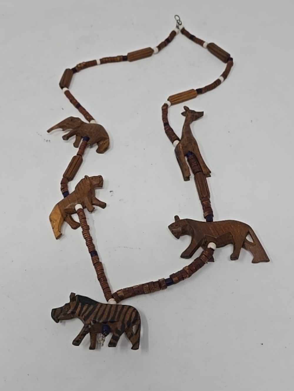 Vtg ethnic safari wood hand carved african animal beaded necklace folk art